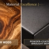 A split-screen extreme close-up. The left side shows the swirling, contrasting grain pattern of Suar wood. The right side shows