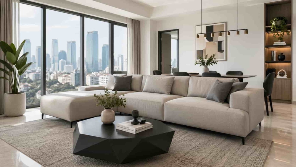 A wide shot of a bright, minimalist Jakarta apartment featuring a sleek Home Decor Indonesia contemporary sofa and geometric coffee table.