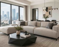 A wide shot of a bright, minimalist Jakarta apartment featuring a sleek Home Decor Indonesia contemporary sofa and geometric coffee table.