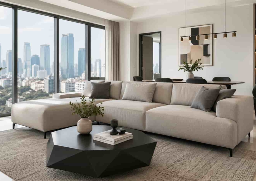 A wide shot of a bright, minimalist Jakarta apartment featuring a sleek Home Decor Indonesia contemporary sofa and geometric coffee table.