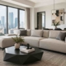 A wide shot of a bright, minimalist Jakarta apartment featuring a sleek Home Decor Indonesia contemporary sofa and geometric coffee table.