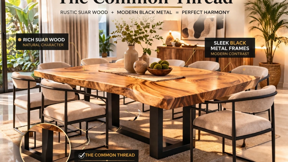 A rectangular Home Decor Indonesia dining table. Show simple, neutral chairs on the sides and two bold, high-backed accent chairs at the head and foot of the table.