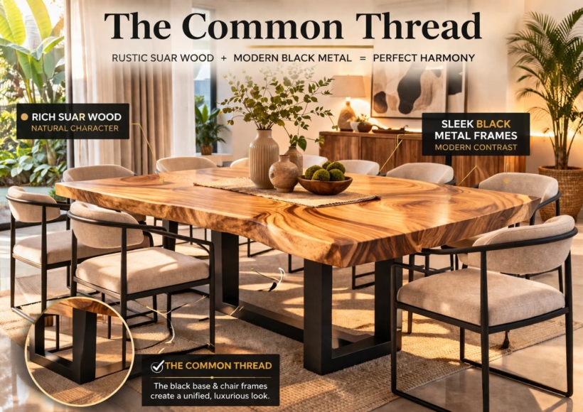 A rectangular Home Decor Indonesia dining table. Show simple, neutral chairs on the sides and two bold, high-backed accent chairs at the head and foot of the table.