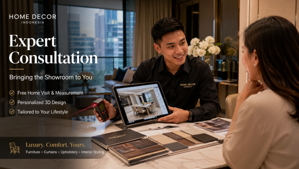 A Home Decor Indonesia designer sitting at a customer's dining table in a Jakarta apartment, showing a digital 3D layout on a tablet while holding a laser measuring tool.