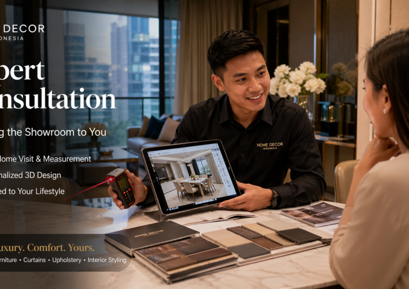 A Home Decor Indonesia designer sitting at a customer's dining table in a Jakarta apartment, showing a digital 3D layout on a tablet while holding a laser measuring tool.