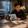 A Home Decor Indonesia designer sitting at a customer's dining table in a Jakarta apartment, showing a digital 3D layout on a tablet while holding a laser measuring tool.
