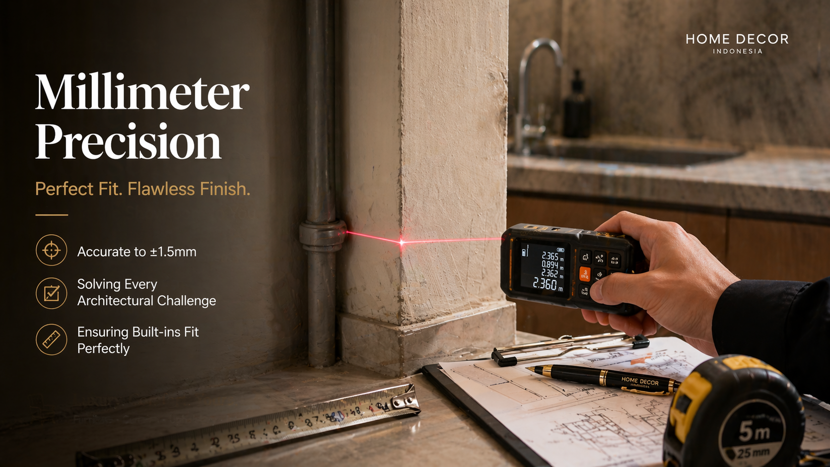 A close-up shot of a laser measuring tape hitting a tricky corner near a kitchen pipe or an uneven apartment pillar.