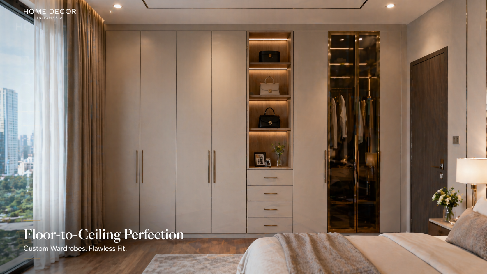 A wide shot of a perfectly fitted, floor-to-ceiling custom wardrobe in a modern apartment bedroom.