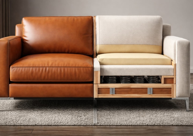 A high-quality graphic showing a split view of a sofa—one half shows a pristine leather exterior, and the other half shows the sturdy internal wood frame and thick foam.