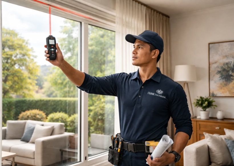 A professional Home Decor Indonesia technician using a digital laser measure against a large living room window.