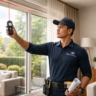 A professional Home Decor Indonesia technician using a digital laser measure against a large living room window.