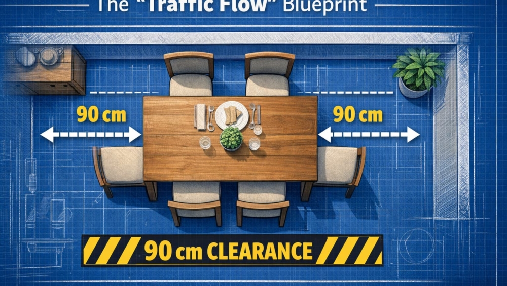 A top-down 3D render or architectural sketch of a dining room.