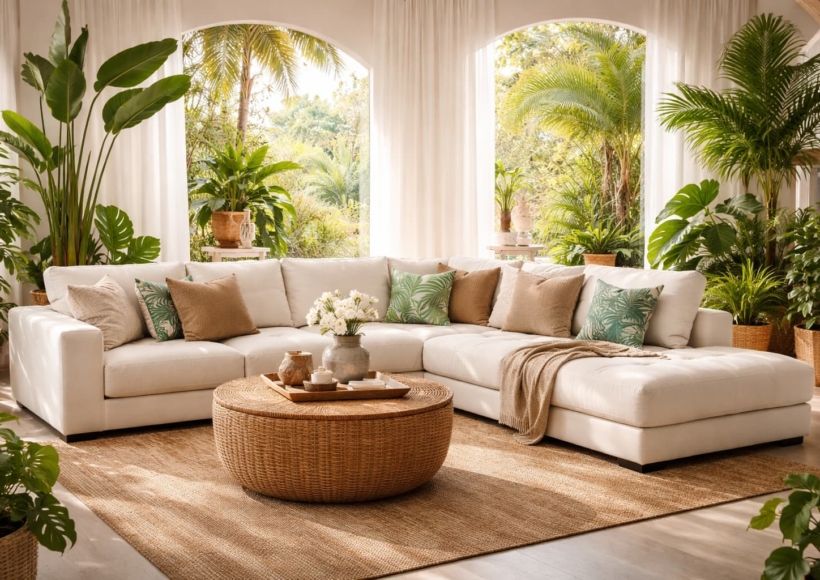 A bright, airy living room featuring a Home Decor Indonesia modular sofa, surrounded by large indoor plants and natural sunlight.