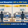 A split-screen graphic showing two identical rooms. One shows an LHF sofa, and the other shows an RHF sofa.