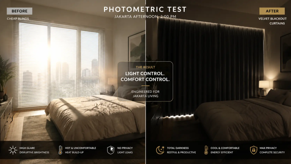 A split-screen photo of a modern Jakarta apartment bedroom. The left side shows glaring, harsh afternoon sunlight bleeding through cheap blinds. The right side shows t
