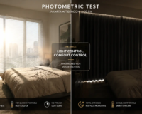 A split-screen photo of a modern Jakarta apartment bedroom. The left side shows glaring, harsh afternoon sunlight bleeding through cheap blinds. The right side shows t