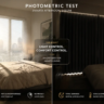 A split-screen photo of a modern Jakarta apartment bedroom. The left side shows glaring, harsh afternoon sunlight bleeding through cheap blinds. The right side shows t