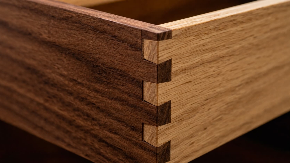 An extreme close-up of the corner of a wooden drawer, clearly showing the interlocking teeth of a dovetail joint.