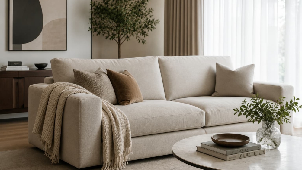 A bright, inviting shot of a beautifully reupholstered modern sofa. Place a cozy throw blanket over the armrest to emphasize the casual, accessible vibe.