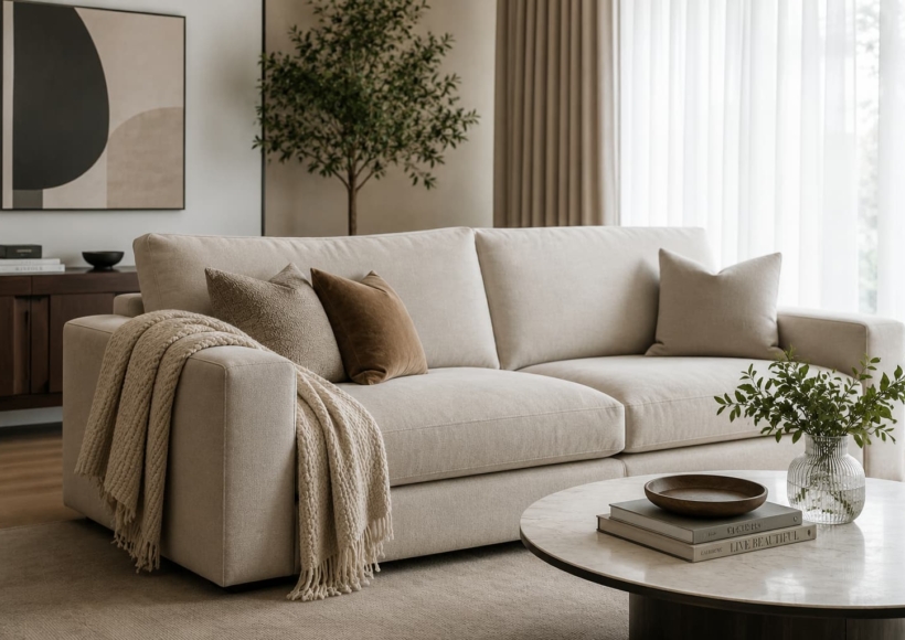 A bright, inviting shot of a beautifully reupholstered modern sofa. Place a cozy throw blanket over the armrest to emphasize the casual, accessible vibe.