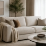A bright, inviting shot of a beautifully reupholstered modern sofa. Place a cozy throw blanket over the armrest to emphasize the casual, accessible vibe.