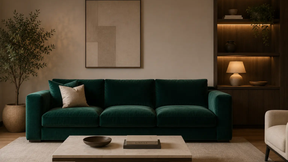 A wide, clean shot of a minimalist living room featuring a rich, emerald green or deep navy velvet sofa. Ensure the lighting is warm (around 3000K) to show how the velvet reflects ligh
