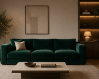 A wide, clean shot of a minimalist living room featuring a rich, emerald green or deep navy velvet sofa. Ensure the lighting is warm (around 3000K) to show how the velvet reflects ligh