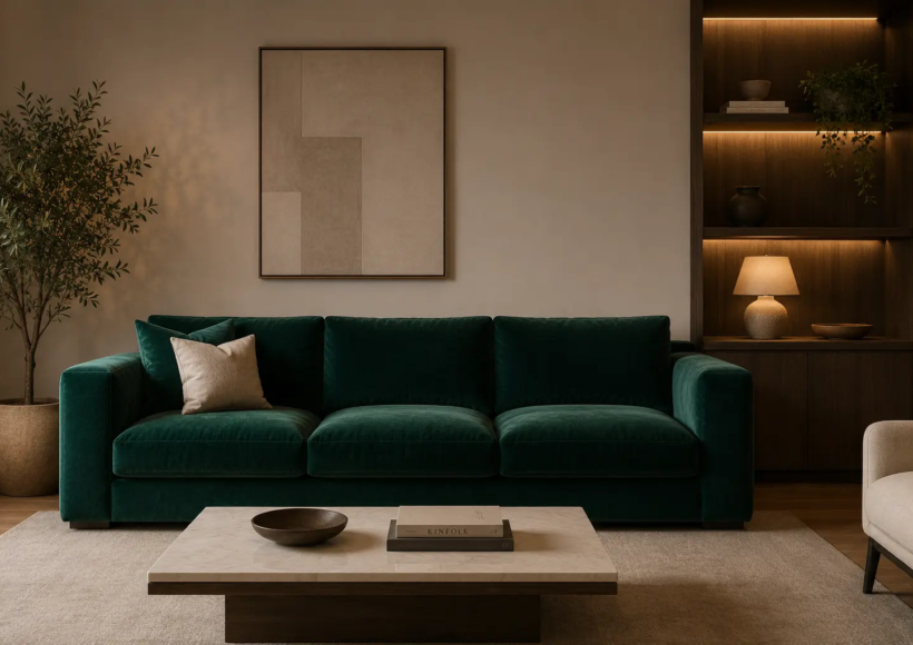 A wide, clean shot of a minimalist living room featuring a rich, emerald green or deep navy velvet sofa. Ensure the lighting is warm (around 3000K) to show how the velvet reflects ligh