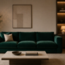 A wide, clean shot of a minimalist living room featuring a rich, emerald green or deep navy velvet sofa. Ensure the lighting is warm (around 3000K) to show how the velvet reflects ligh