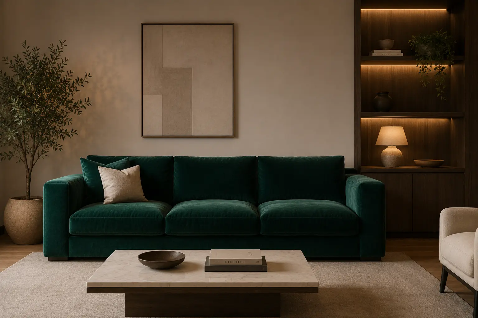 A wide, clean shot of a minimalist living room featuring a rich, emerald green or deep navy velvet sofa. Ensure the lighting is warm (around 3000K) to show how the velvet reflects ligh