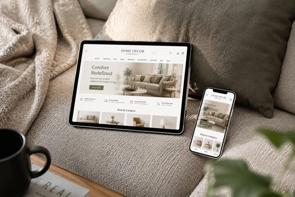 sebuah tablet atau smartphone cerah yang lagi ngebuka website Home Decor Indonesia