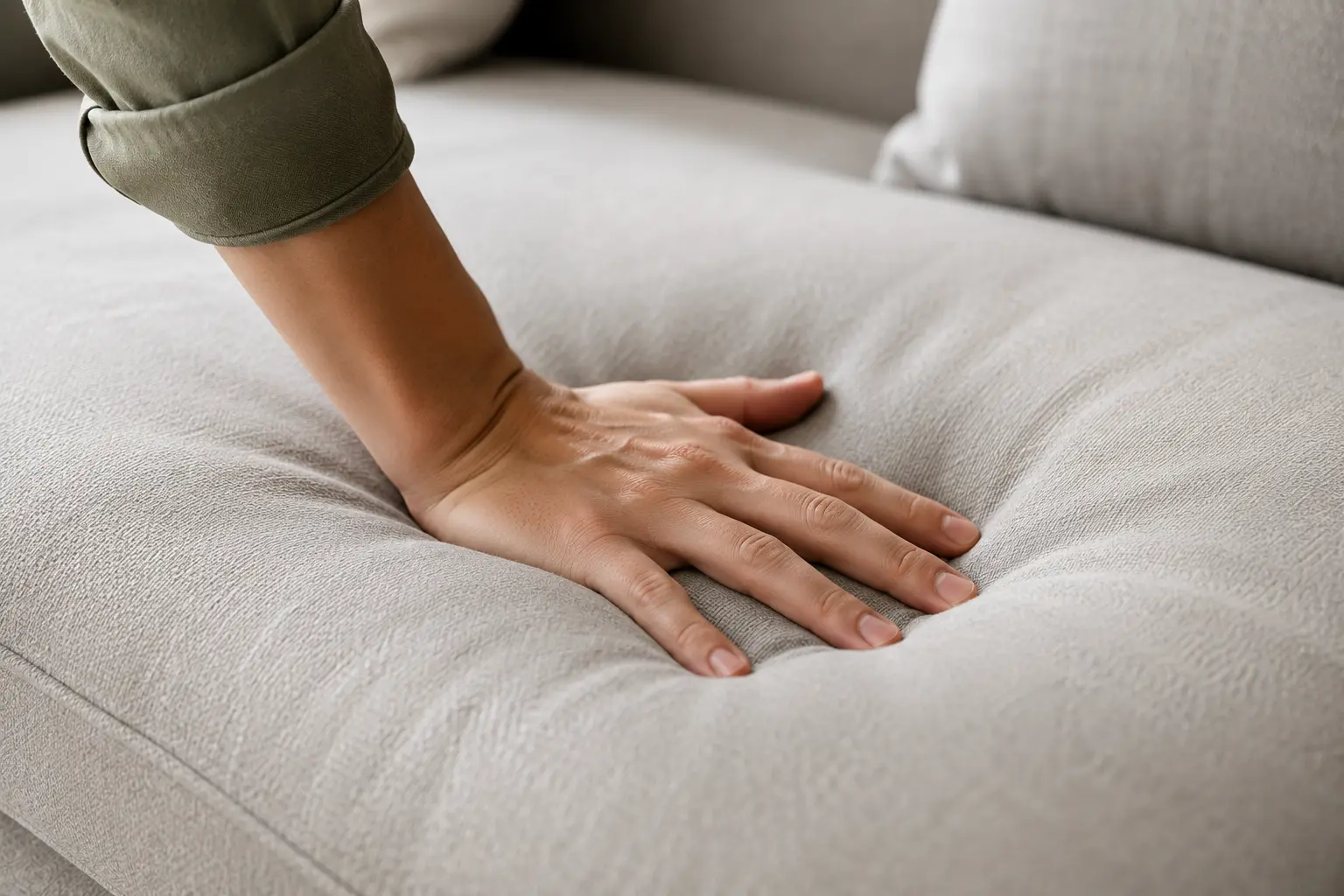 seseorang lagi menekan bantalan busa sofa premium