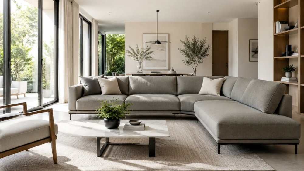 sofa modern bersiluet sleek (misalnya berwarna abu-abu hangat atau olive)