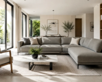 sofa modern bersiluet sleek (misalnya berwarna abu-abu hangat atau olive)