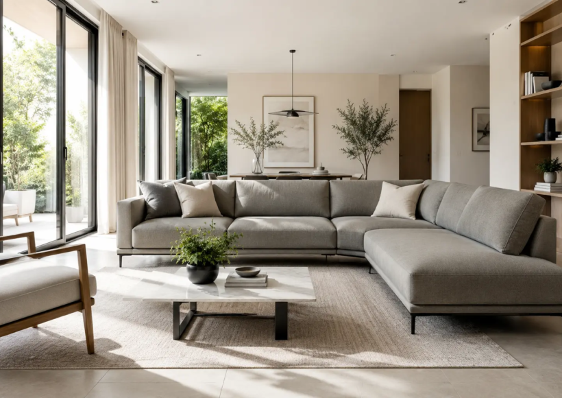 sofa modern bersiluet sleek (misalnya berwarna abu-abu hangat atau olive)