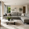 sofa modern bersiluet sleek (misalnya berwarna abu-abu hangat atau olive)