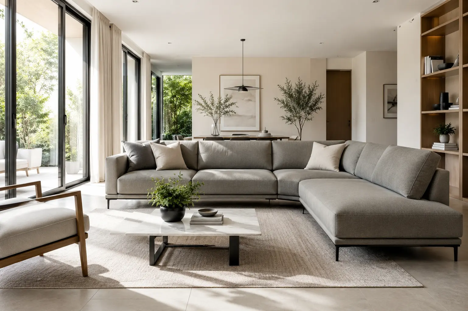 sofa modern bersiluet sleek (misalnya berwarna abu-abu hangat atau olive)