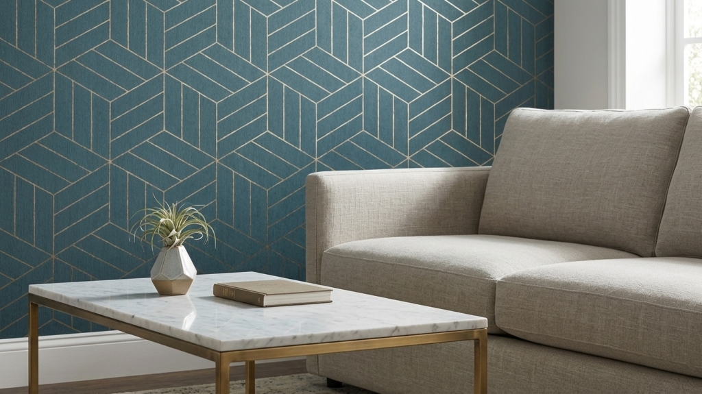 Wallpaper dinding ruang tamu berwarna navy