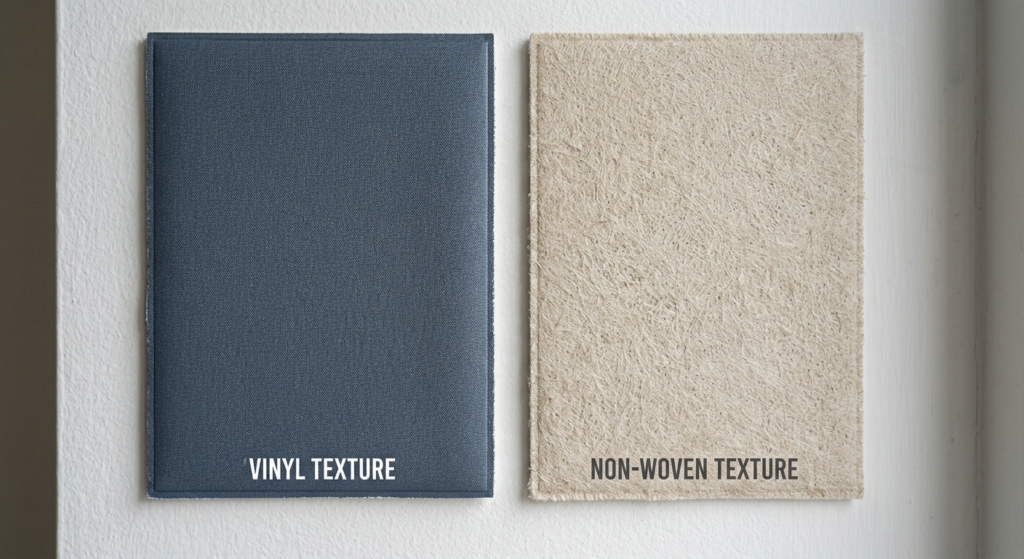 Perbedaan tekstur wallpaper vinyl dan non-woven.